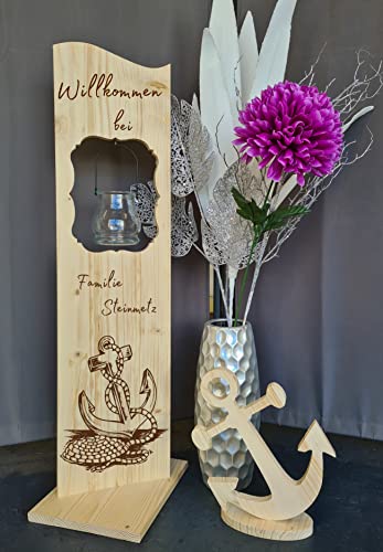 Designbysh Holzaufsteller, Holz Deko Schild Holzschild Eingangsschild mit Leuchtglas oder Solarlampe Anker Willkommen Designbysh Holzaufsteller, Holz Deko Schild Holzschild Eingangsschild mit Leuchtglas oder Solarlampe Anker Willkommen von Designbysh