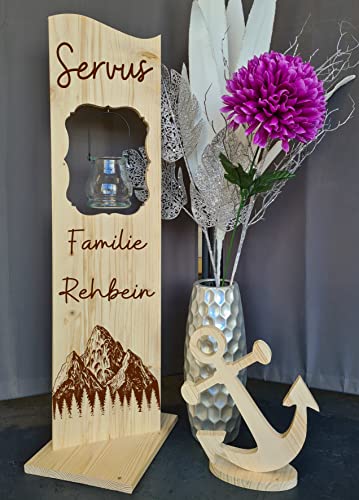 Designbysh Holzaufsteller, Holz Deko Schild Holzschild Eingangsschild mit Leuchtglas oder Solarlampe Berge, Servus! von Designbysh