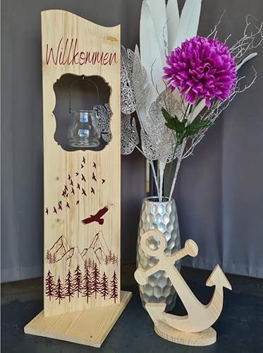 Designbysh Holzaufsteller, Holz Deko Schild Holzschild Eingangsschild mit Leuchtglas oder Solarlampe Berge und Wald, Willkommen von Designbysh