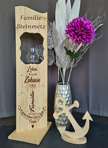 Designbysh Holzaufsteller, Holz Deko Schild Holzschild Eingangsschild mit Leuchtglas oder Solarlampe Familie von Designbysh