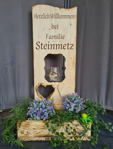 Designbysh Holzaufsteller, Holz Deko Schild Holzschild Eingangsschild mit Leuchtglas oder Solarlampe Herzlich Willkommen bei... von Designbysh