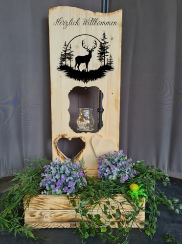 Designbysh Holzaufsteller, Holz Deko Schild Holzschild Eingangsschild mit Leuchtglas oder Solarlampe Hirsch und Wald von Designbysh