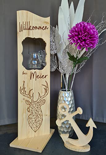 Designbysh Holzaufsteller, Holz Deko Schild Holzschild Eingangsschild mit Leuchtglas oder Solarlampe Hirsch von Designbysh