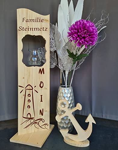 Designbysh Holzaufsteller, Holz Deko Schild Holzschild Eingangsschild mit Leuchtglas oder Solarlampe Leuchtturm MOIN von Designbysh