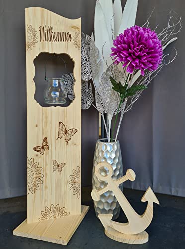 Designbysh Holzaufsteller, Holz Deko Schild Holzschild Eingangsschild mit Leuchtglas oder Solarlampe Sonnenblumen und Schmetterlinge, Willkommen von Designbysh