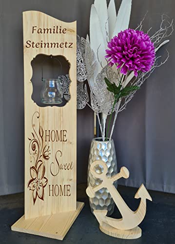 Designbysh Holzaufsteller, Holz Deko Schild Holzschild Eingangsschild mit Leuchtglas oder Solarlampe home sweet home von Designbysh