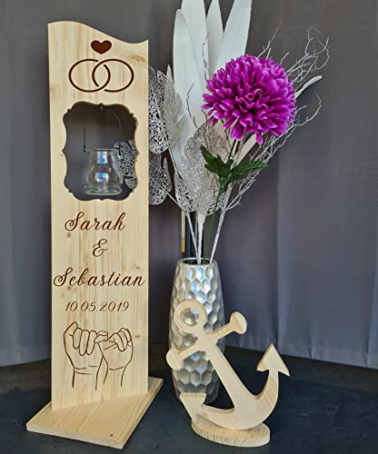 Designbysh Holzaufsteller, Holz Deko Schild Holzschild Eingangsschild mit Leuchtglas oder Solarlampe zur Hochzeit von Designbysh