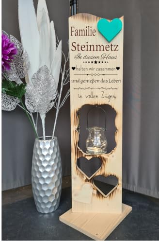 Designbysh Holzaufsteller 2 Herzen geflammt, Holz Deko Schild Holzschild Eingangsschild mit Leuchtglas oder Solarlampe, In diesem Haus halten wir zusammen und genießen das Leben in vollen Zügen von Designbysh