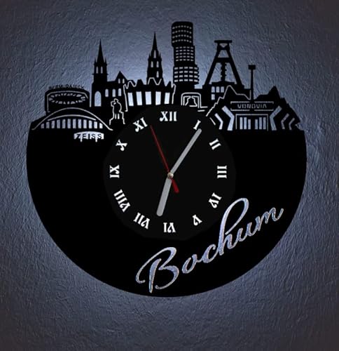 Designbysh LED Wanduhr Bochum Skyline Uhr Hintergrundbeleuchtet mit schleichendem Uhrwerk von Designbysh