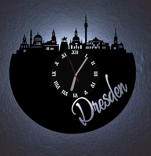 LED Wanduhr Dresden Skyline Uhr Hintergrundbeleuchtet mit schleichendem Uhrwerk von Designbysh