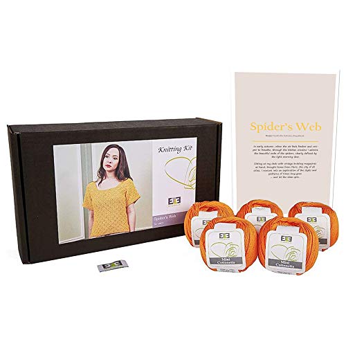 DesignEtte Spider's Web Damen-Strickset, 100% ägyptische Baumwolle, Garn, Schalen und Muster, Anfänger, Starterpack-Box, 50 g ≈ 127 m/5-lagig, Native Orange, L von DesignEtte