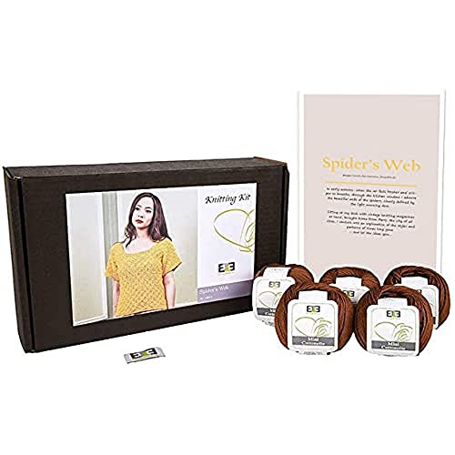 DesignEtte Spider's Web Damen-Strickset, 100% ägyptische Baumwolle, Garn, Schalen und Muster, Anfänger, Starterpack-Box, 50 g ≈ 127 m/5-lagig, Kaffeebraun, 2XL von DesignEtte