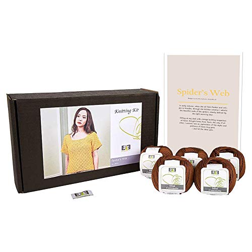 DesignEtte Spider's Web Damen-Strickset, 100% ägyptische Baumwolle, Garn, Schalen und Muster, Anfänger, Starterpack-Box, 50 g ≈ 127 m/5-lagig, Kaffeebraun, L von DesignEtte