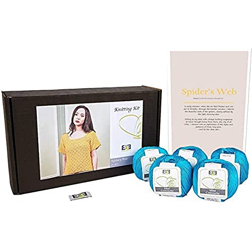 DesignEtte Spinnennetz Spider's Web Damen-Strickset, 100% ägyptische Baumwolle, Garn, Schalen und Muster, Anfänger, Starterpack-Box, 50 g ≈ 127 m/5-lagig, türkis, Large von DesignEtte