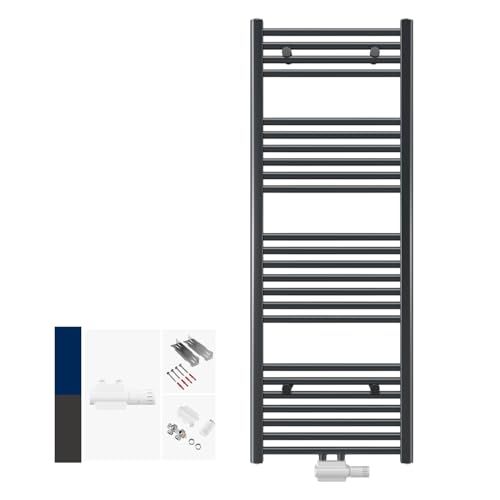 DESIGNO Badheizkörper Logatherm 500x1400 | inkl. Buderus Logafix Universalarmatur Set - Montagezubehör |Wärmeleistung 655 Watt | Mittel- Seitenanschluss | anthrazit | Handtuchhalter von Designo