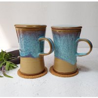 400 Ml Blaue Keramiktasse Mit Deckel, 14 Fl. Unze. Große Keramiktasse, Moderne Teetasse in Blau Und Beige, Braune von DesignsByViviH