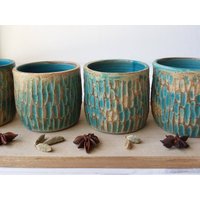 Türkis Keramik Becher, Teetasse, Cappuccino Tasse, Rustikale Kleine Tumbler, Blaue Tumbler von DesignsByViviH