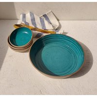 Türkisfarbene Keramikschüssel, Moderne Servierschüssel Mit Oder Ohne Kleine Schüsseln, Große Pastaschüssel Aus Keramik von DesignsByViviH