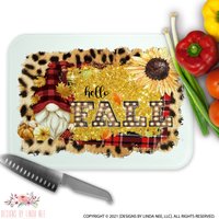 Hello Fall Glas Schneidebrett, Wichtel Küchendekor, Sonnenblumen Thema, Kürbis Geschenk Für Chef, Backen, Trivet Leopard 7-Fal001 von DesignsbyLindaNeeToo