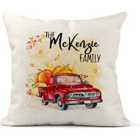 Personalisiertes Rotes Lkw-Kissenbezug, Familien-Herbst-Dekor, Herbstkissen, Erntedank-Dekor, Kürbis, Urlaubs-Herbstkissen X-Fal008 von DesignsbyLindaNeeToo