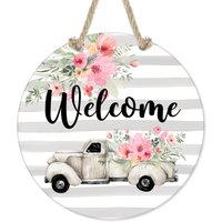 Rosa Blumen Vintage Lkw Willkommen Schild, 7 "Rund Keramik Wand Floral Sommer Küche Landhaus Bauernhaus F-Wel003 von DesignsbyLindaNeeToo