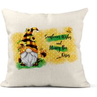Sonnenblume Gnom Kissenbezug, Wünscht Honigbienen Küsse, Dekor, 18x18, Housewarminggeschenk, Sonnenblumenliebhaber 7-Sum009 von DesignsbyLindaNeeToo
