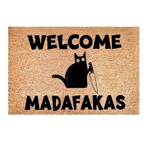 Desikixudy 1 Stück „Dark Cat Welcome Madafakas“-Fußmatte mit Volldruck, Heimdekoration, Küche, Badezimmer, Dekoration für Menschen, Lustige Geschenke, Lustige Fußmatte von Desikixudy