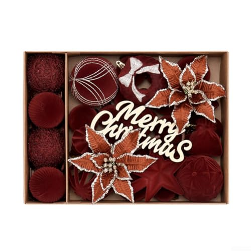 Desiumite 38-teiliges Weihnachtsbaumschmuck-Set, beflockte Blumen, bruchsichere Dekorationen mit vorgebundenem Seil für Ferienhausdekoration (roter Kaffee) von Desiumite