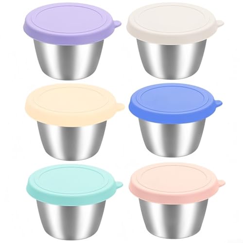 Desiumite 6 x Edelstahl-Snack-Behälter mit bunten Deckeln, stapelbare Soßen-Dressing-Töpfe, auslaufsicher, für Lunchbox, Küchenaufbewahrung (70 ml) von Desiumite