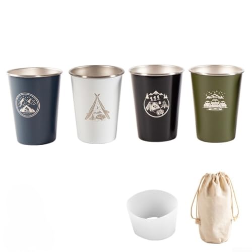Desiumite Outdoor Camping Tassen 350 ml Edelstahl Kaffeetassen Set mit Aufbewahrungstasche Tragbare Trinkgläser für Wandern Rucksackreisen 4 Stück (Farbmischung) von Desiumite