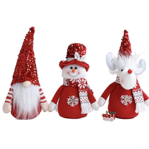 Desiumite Weihnachten Plüsch Figuren 3er Set - Zwerg, Schneemann und Rentier Urlaub Dekofiguren mit roten Schneeflocken Outfits für Baum, Kaminsims oder Tischplatte von Desiumite