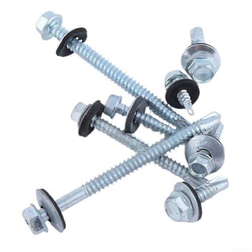 Selbstbohrende Sechskantschrauben aus Metall mit EPDM-Unterlegscheibe für sichere Befestigung von Well- und Trapezblechen, 6 x 3 mm Durchmesser (6,3 x 125 mm), 100 Stück von Desiumite
