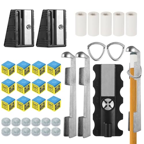 38 Stück Pool Queue Reparatur Set, Billard Zubehör Set mit Queue Tip Werkzeug, 12 Spitzen, 12 Kreide, 5 Hülsen, 2 Tip Trimmer, Kleber, Schleifpapier, Kunstschneider für Billard Queue Wartung von Deskium
