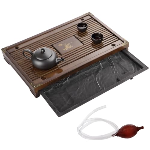 Deskium Chinesisches Gongfu-Teetablett mit Schublade, Orchideenmuster, Holz-Teetablett mit Wasserspeicher, 42 x 17 x 5 cm von Deskium