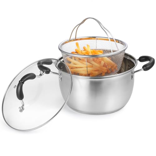 Deskium Mehrschichtiger Edelstahl-Fritteusentopf mit Korb, Deckel, Verbrühschutzgriffen, Fritteuse und Dampfgarer für den Heimgebrauch von Deskium
