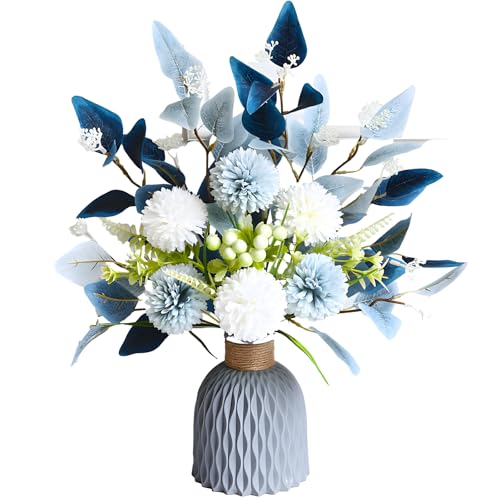 Hortensien-Arrangement in moderner grauer Vase, blaue und weiße künstliche Blumen für Hochzeiten und Heimdekoration von Deskium