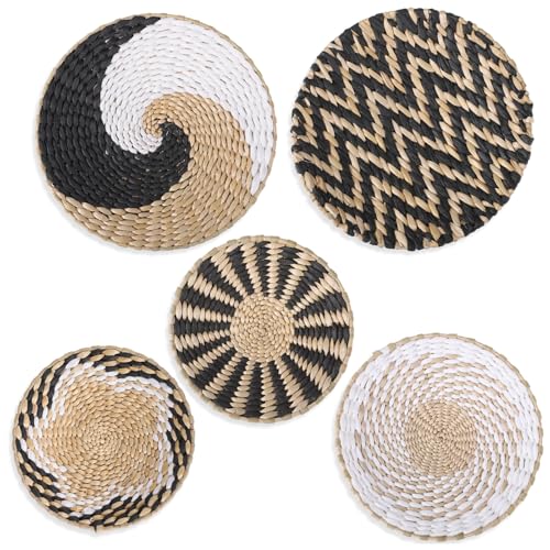 Set mit 5 böhmischen Weidenkörben, handgewebtes Rattan-Dekor, einzigartige Bauernhaus-Graskorb-Designs, verschiedene Größen, einfaches Aufhängen für Zuhause und Büro von Deskium