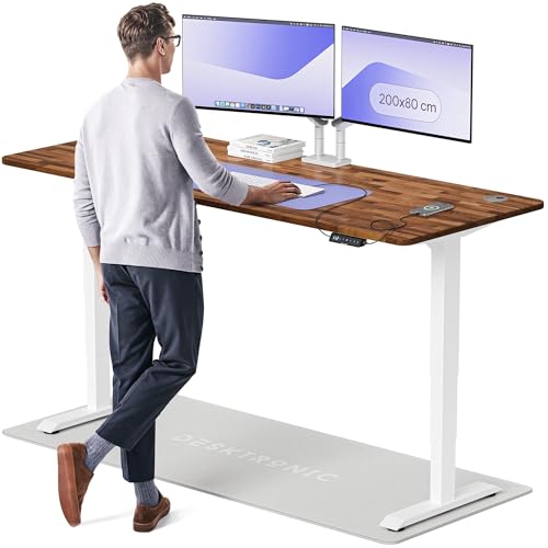 Desktronic Höhenverstellbarer Schreibtisch aus massivem Nussbaumholz (200x80cm) – Elektrisch höhenverstellbar mit flüsterleisem Dual-Motor & Touchscreen – Hohe Tragfähigkeit – Stehtisch HomePro von Desktronic