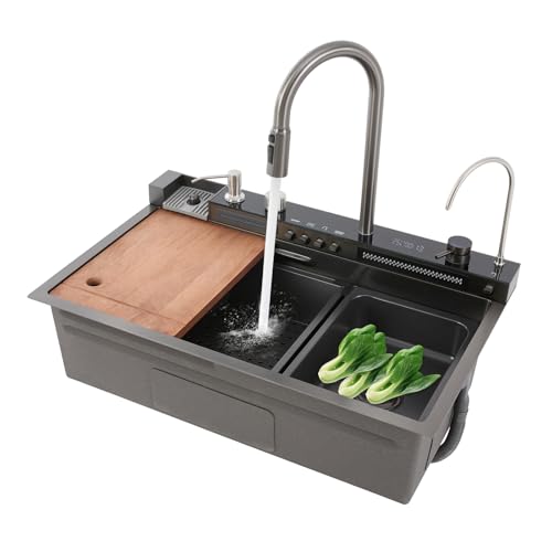 Digitalanzeige Moderne Küchenspüle Mit Wasserhahn Wasserfall Becken Spüle, mit Waschmittelspender und Ausziehbarer Wasserhahn, Abtropfkorb, Waschbecken Innengröße 71 * 35 * 20.5cm Digitalanzeige Moderne Küchenspüle Mit Wasserhahn Wasserfall Becken Spüle, mit Waschmittelspender und Ausziehbarer Wasserhahn, Abtropfkorb, Waschbecken Innengröße 71 * 35 * 20.5cm von Desnysmf