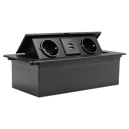 Einbausteckdose Versenkbar 2 Fach mit 2 USB, Einbau Steckdosenlieste Arbeitsplatte mit Deckel Schwarz, Möbelsteckdose Klappbar für Küche/Schreibtisch/Werkbank, 26.6 * 11.8 * 0.3cm von Desnysmf