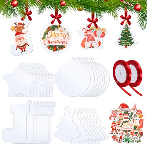 32 Stück Acryl Ornament Rohlinge Transparent Acryl Blank Ornament für DIY Handwerk, mit 2 Band, 50 Aufkleber, Weihnachten Ornamente für Baum Party Hängende Dekoration von Desoto
