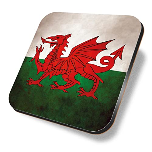 1 x quadratischer Untersetzer – Wales, walisischer Drachenflagge, Unterseite aus Kork, MDF, glänzend, für Tee und Kaffee, #56016 von Destination Vinyl Ltd