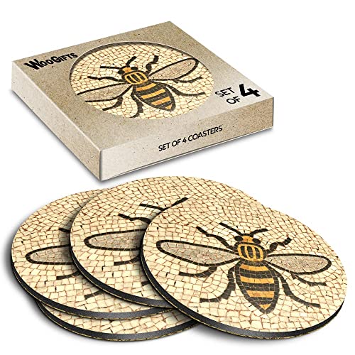 4 x runde Untersetzer – Manchester Bee Mosaik Muster Kork Rückseite MDF glänzend Tee Kaffee Zubehör #51408 von Destination Vinyl Ltd