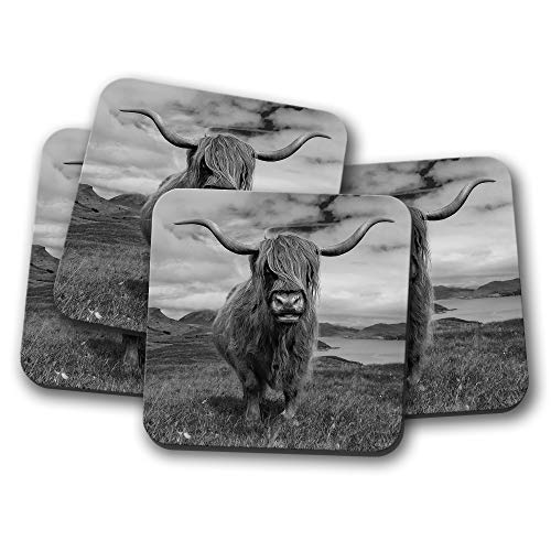 Untersetzer mit Schottischen Highland-Kühen, Wildrinderhorn-Tiere, Geschenk, 4er-Set #15728 von Destination Vinyl Ltd
