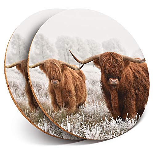 2 x runde Untersetzer – Winter Highland Kuh Schottland – Unterseite aus Kork Zuhause Küche Zubehör Tee Kaffee Tasse Matte #14591 von Destination Vinyl Ltd