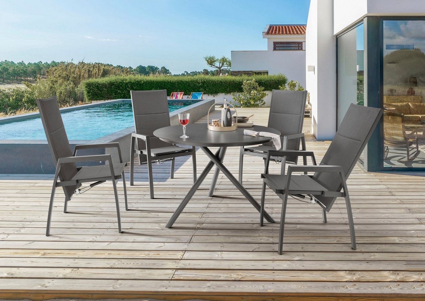 Destiny Garten-Essgruppe COSTA BARLETTA, (5-tlg), 4 Hochlehner Textilene, 1 Tisch Ø 110x77 cm von Destiny