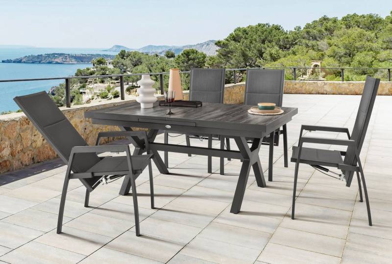Destiny Garten-Essgruppe COSTA GARDA, (9-tlg), 4 Hochlehner Textilene, 1 Ausziehtisch 160/210x100 cm von Destiny