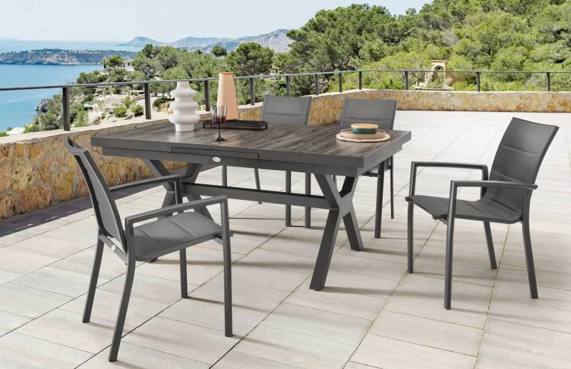 Destiny Garten-Essgruppe COSTA GARDA, (Set, 5-tlg., 1 Ausziehtisch, 4 Stapelsessel), (Set 5-tlg., 4 Sessel, 1 Tisch verstellbar 160/210x100x75cm) Aluminium von Destiny