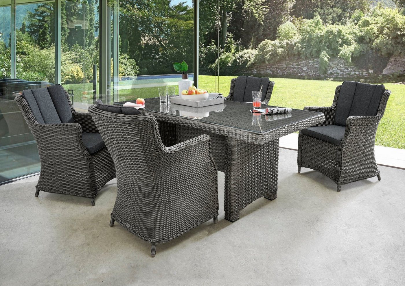 Destiny Garten-Essgruppe LUNA, (Set, 13-tlg), Polyrattan, 4 Sessel, Tisch 165x90x75 cm, inkl. Auflagen von Destiny