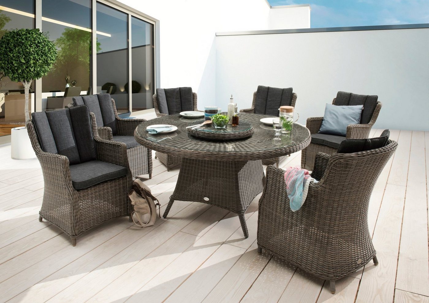 Destiny Garten-Essgruppe LUNA, (Set, 19-tlg), Polyrattan, 6 Sessel + 1 Tisch Ø 150x75 cm, + Drehteller, + Auflagen von Destiny